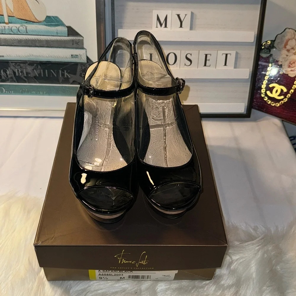 Franco Sarto Safari Black Patent Heels Peep Toe 9.5M Cork Wedges Slingback